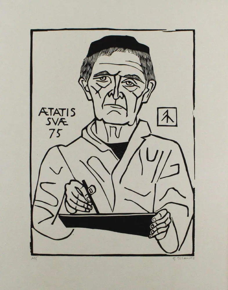 リノリウム彫版 Marcks - Selbstbildnis von vorn (Halbfigur)