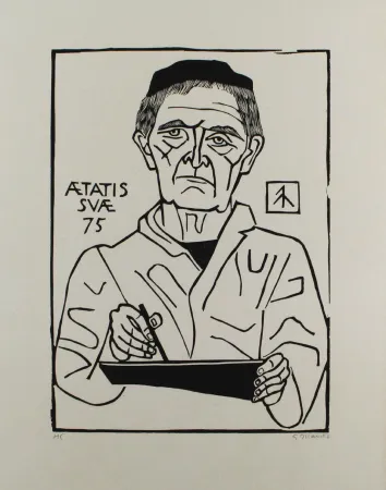 リノリウム彫版 Marcks - Selbstbildnis von vorn (Halbfigur)