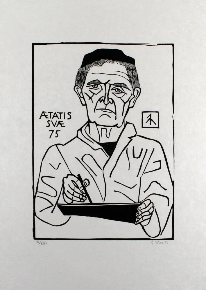 リノリウム彫版 Marcks - Selbstbildnis von vorn (Halbfigur)