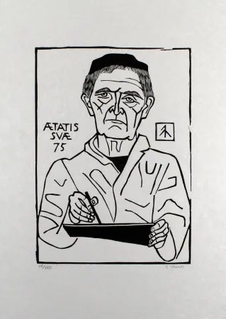 リノリウム彫版 Marcks - Selbstbildnis von vorn (Halbfigur)