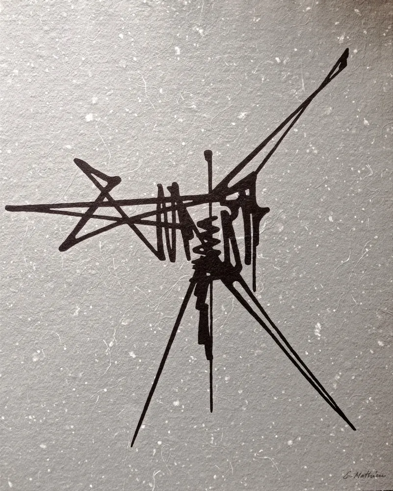 技術的なありません Mathieu - Abstract Composition, Beautiful Hand signed lithograph, black abstraction on grey background , Hand signed!