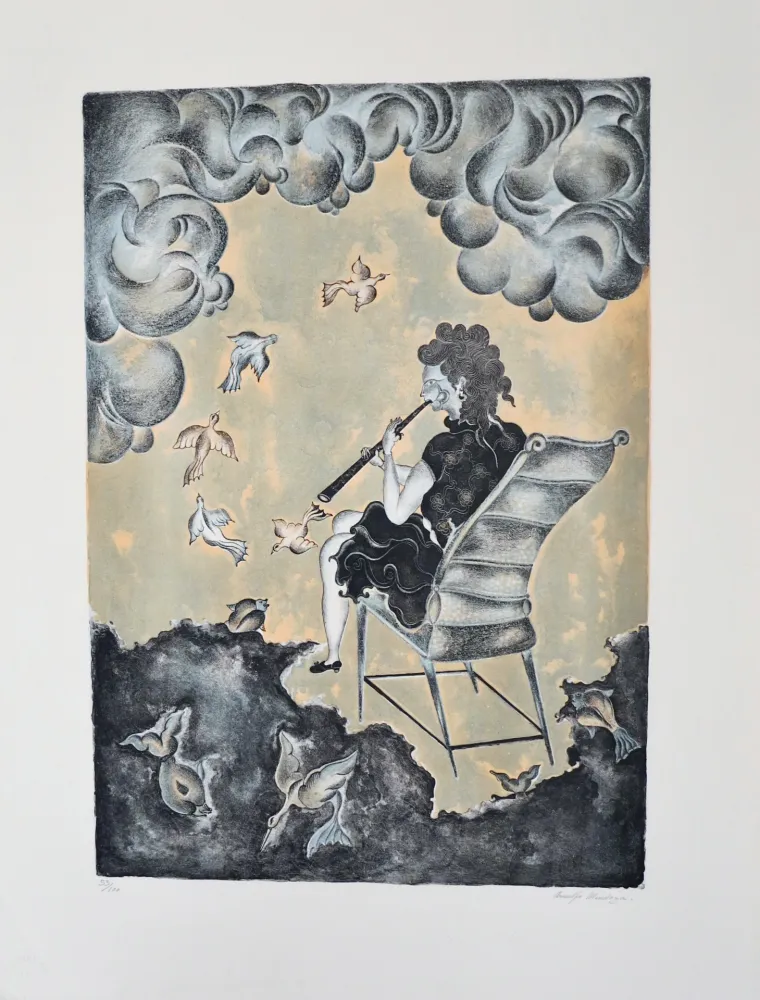 リトグラフ Mendoza - La mujer de la magia musical (en azul)