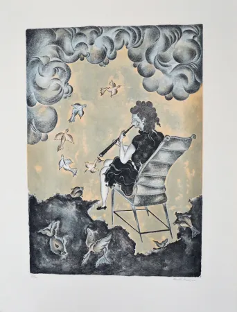 リトグラフ Mendoza - La mujer de la magia musical (en azul)