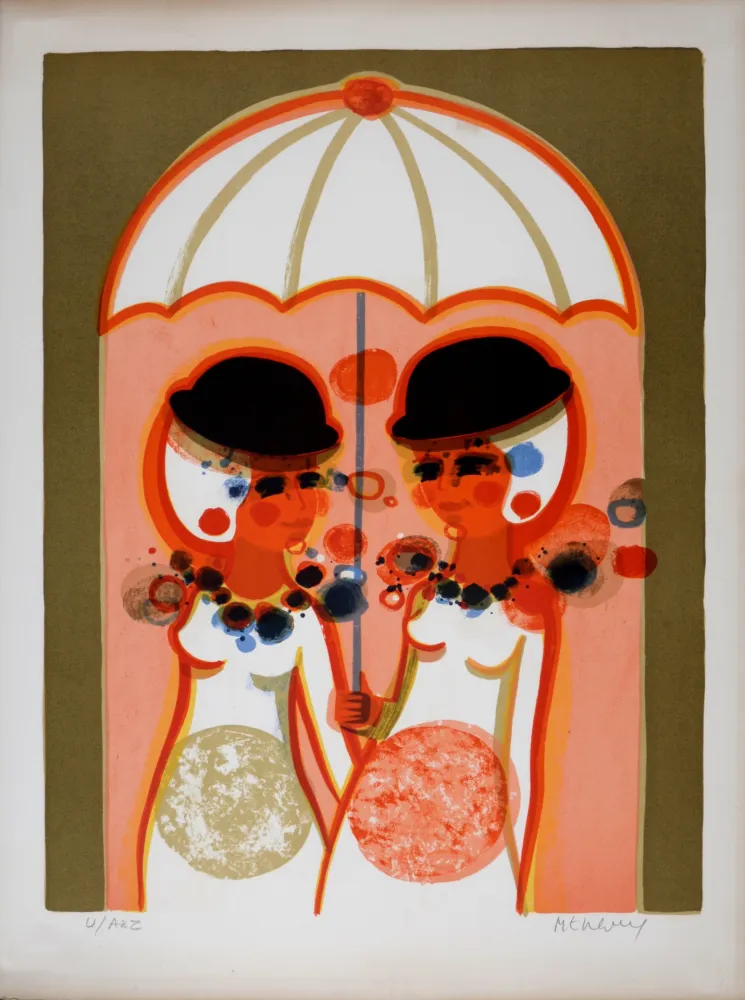 リトグラフ Menguy - Le Parapluie, Les Angéliques, 1975