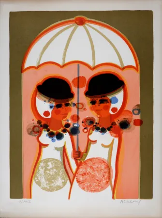 リトグラフ Menguy - Le Parapluie, Les Angéliques, 1975