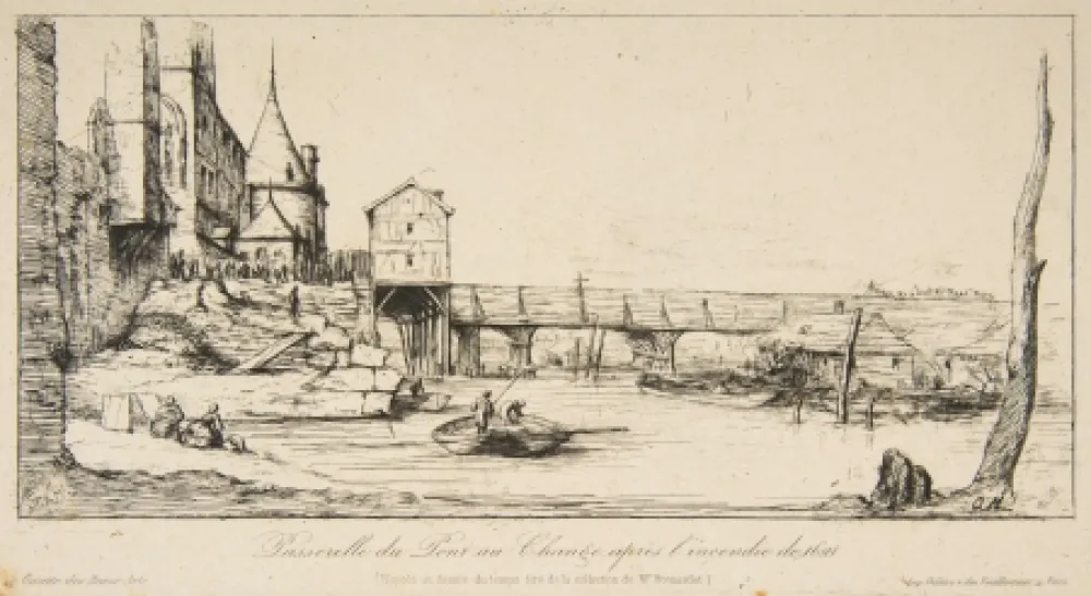 彫版 Meryon - Passerelle du Pont-au-Change, Paris, après l'incendie de 1621