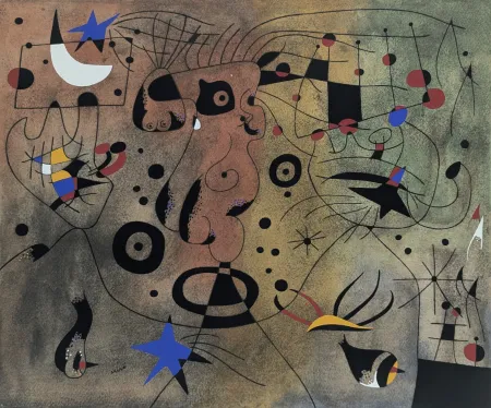 ステンシル Miró (After) - Femme à la blonde aisselle coiffant sa chevelure à la lueur des étoiles (Constellations) 