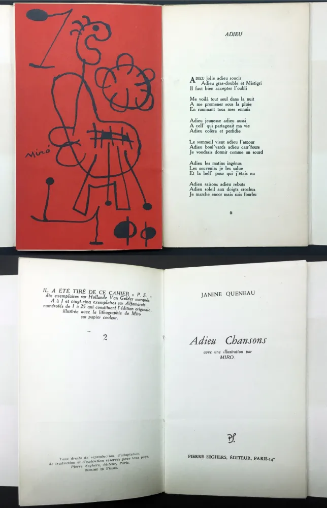 挿絵入り本 Miró - Janine Queneau : ADIEU CHANSONS. Avec une illustration par Miro (1951).