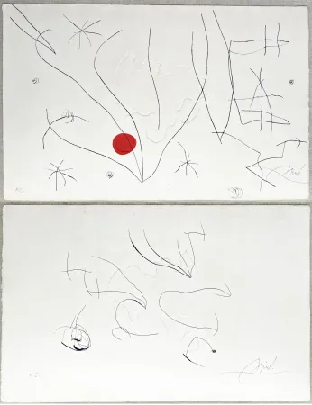 エッチングと　アクチアント Miró - L'ISSUE DÉROBÉE. Pointe sèche, aquatinte et gaufrage, signée à double face (1974)