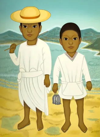 シルクスクリーン Montoya - Pescadores, dos ninos con arte de pesca