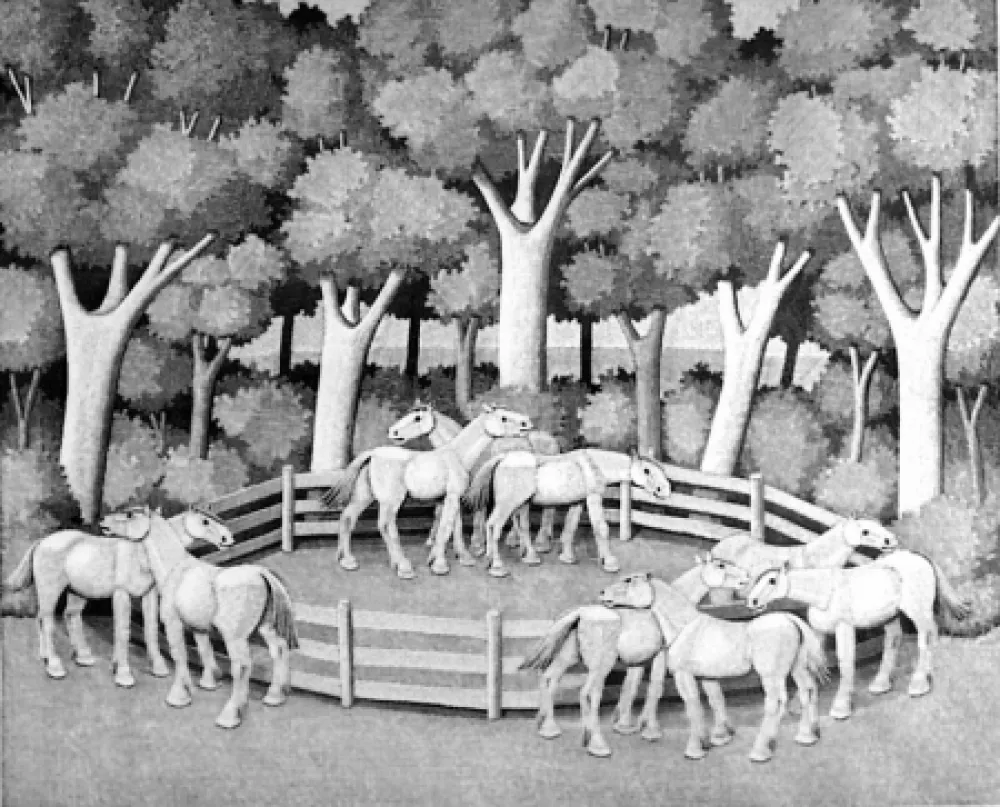 木版 Morena - Cavalli nel bosco