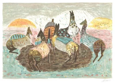 リトグラフ Music - Spielende pferde