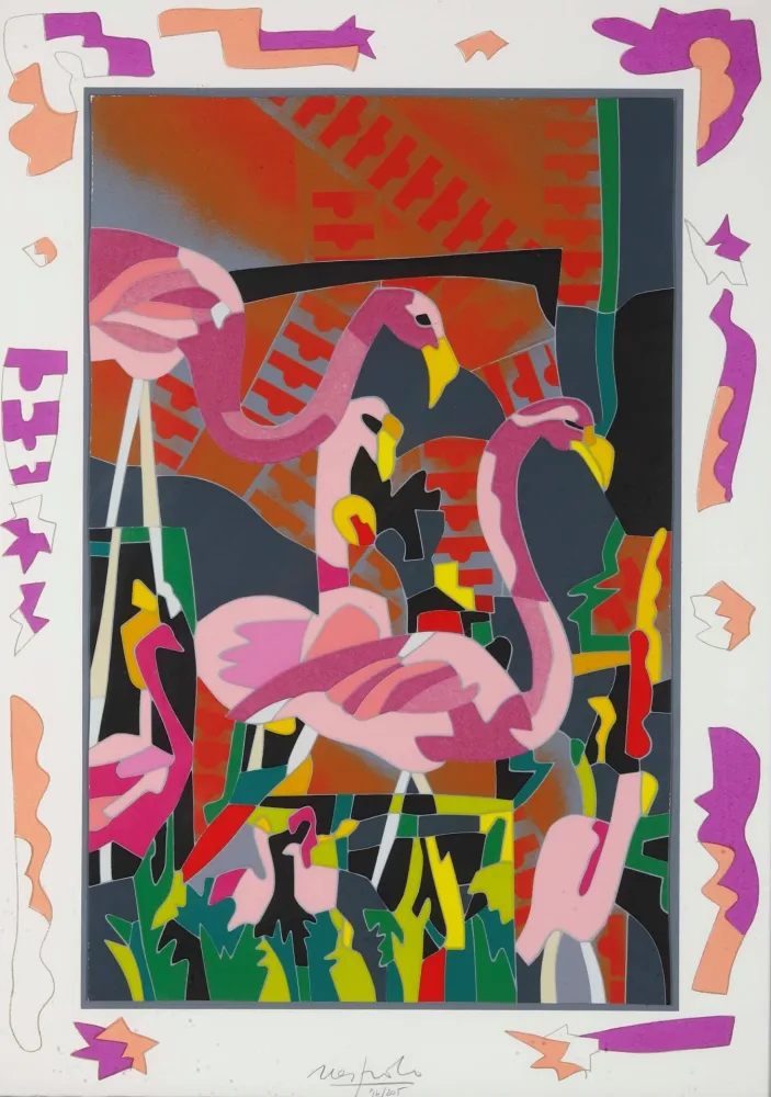 彫版 Nespolo - Ugo Nespolo (1941) - Fenicotteri rosa - screen printing on paper