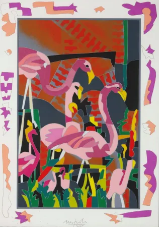 彫版 Nespolo - Ugo Nespolo (1941) - Fenicotteri rosa - screen printing on paper