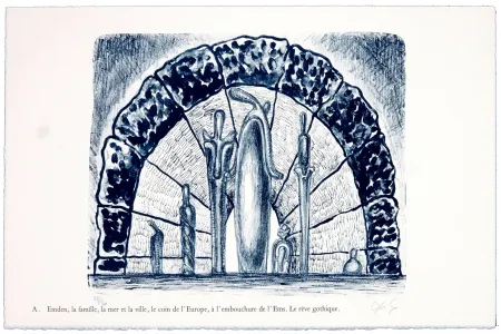 リトグラフ Nørgaard - A. Emden, la famille, la mer et la ville, le coin de l'Europe, l'embouchure de l'Ems. Le rêve gothique