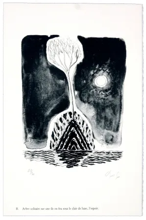 リトグラフ Nørgaard - B. Abre solitaire sur une ile sous le clair de lune, l'espoir