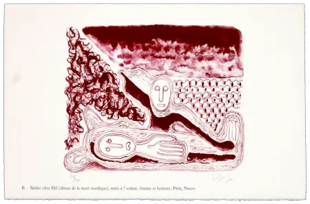 リトグラフ Nørgaard - B. Balder chez Hel (déesse de la mort nordique), mère de l'enfant, femme et homme, Piéta, Naxos