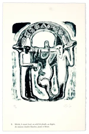 リトグラフ Nørgaard - B. Mérida, le musée local, un soleil de plomb, 40 degrés, des maisons chaulées blanches, jaunes et bleues