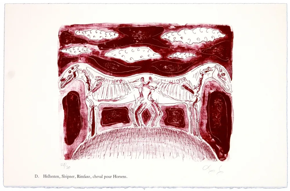 リトグラフ Nørgaard - D. Helhesten, Sleipner, Rimfaxe, cheval pour Horsens