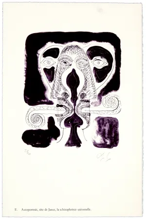 リトグラフ Nørgaard - E. Autoportrait, tête de Janus, la schizophrénie universelle.