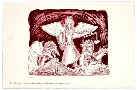 リトグラフ Nørgaard - E. Les trois normes (équivalent nordique des Parques), le passé, le présent et futur