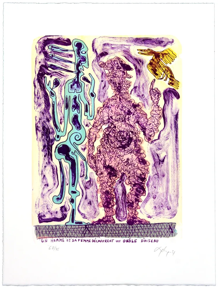 リトグラフ Nørgaard - Un homme et sa femme découvrent un drôle d’oiseau
