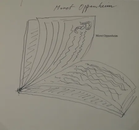 技術的なありません Oppenheim - Widmungszeichnung eines aufgeschlagenen Buches mit Initial R. auf dem Vortitel eines Buchs mit gedrucktem Namen “Meret Oppenheim“