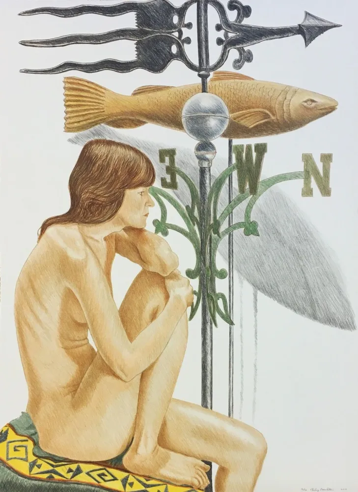 リトグラフ Pearlstein - NUDE MODEL WITH BANNER AND FISH WEATHERVANE