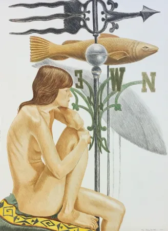 リトグラフ Pearlstein - NUDE MODEL WITH BANNER AND FISH WEATHERVANE