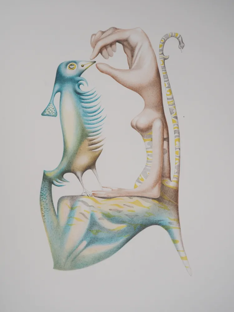 リトグラフ Pérahim - L'Alphabet Hébreu : Homme et oiseau