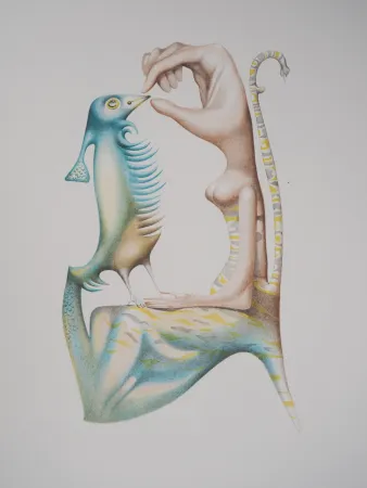 リトグラフ Pérahim - L'Alphabet Hébreu : Homme et oiseau