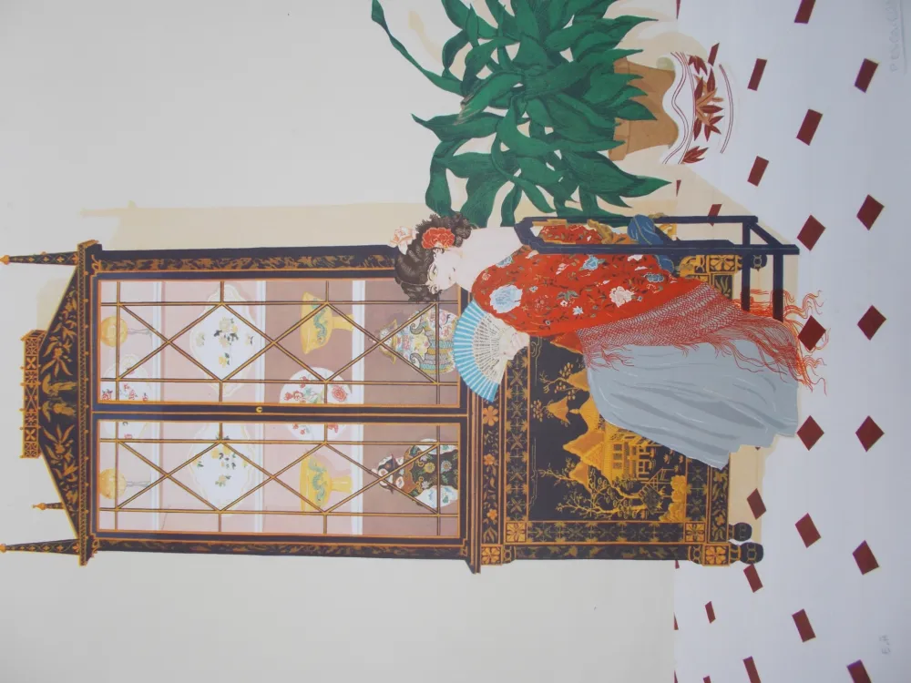 リトグラフ Pescalera - La femme à l'éventail