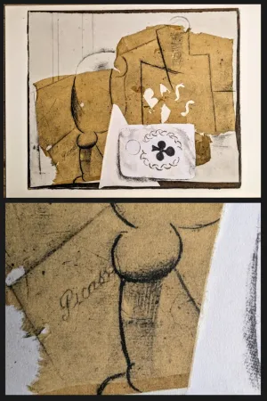 ステンシル Picasso - Botlle, Glass and Playing card, 1962 - Limited edition signed color lithograph with pochoir, 1962