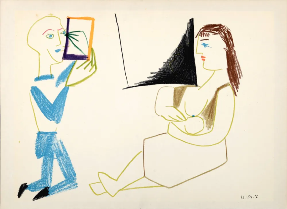 リトグラフ Picasso - Clown & Nude Woman, 1954