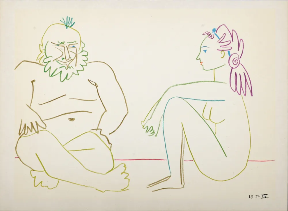リトグラフ Picasso - Clown & Nude Woman, 1954