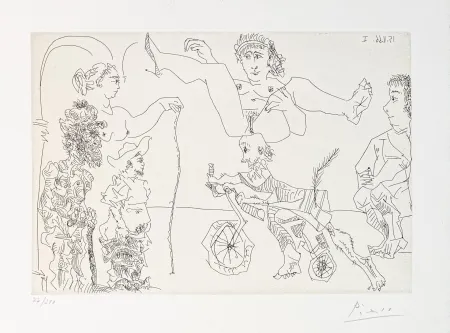 彫版 Picasso - Da Le Cocu Maquifique: Femme equilib­riste enlevee par un vieillard barbu a bicyclette devant le cocu et des spectateurs