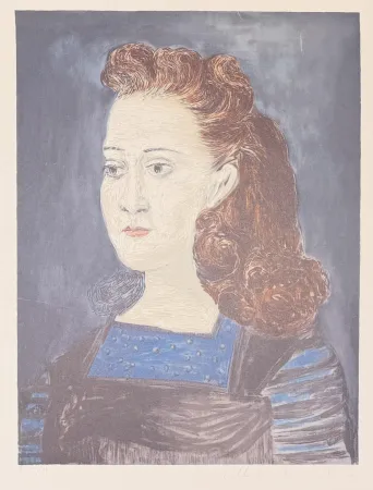 リトグラフ Picasso - Femme à la collerette bleue