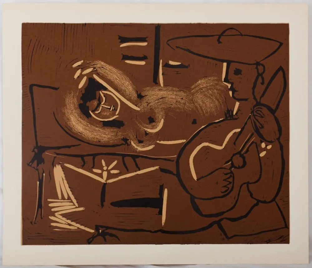 リノリウム彫版 Picasso - Femme couchée et guitariste au chapeau
