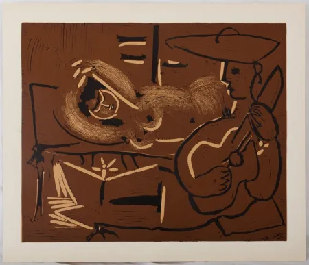 リノリウム彫版 Picasso - Femme couchée et guitariste au chapeau