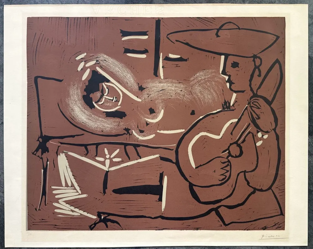 リノリウム彫版 Picasso - FEMME COUCHÉE ET GUITARISTE. Linogravure originale signée (1959)