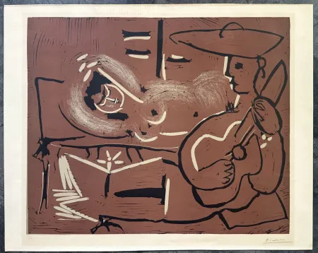 リノリウム彫版 Picasso - FEMME COUCHÉE ET GUITARISTE. Linogravure originale signée (1959)