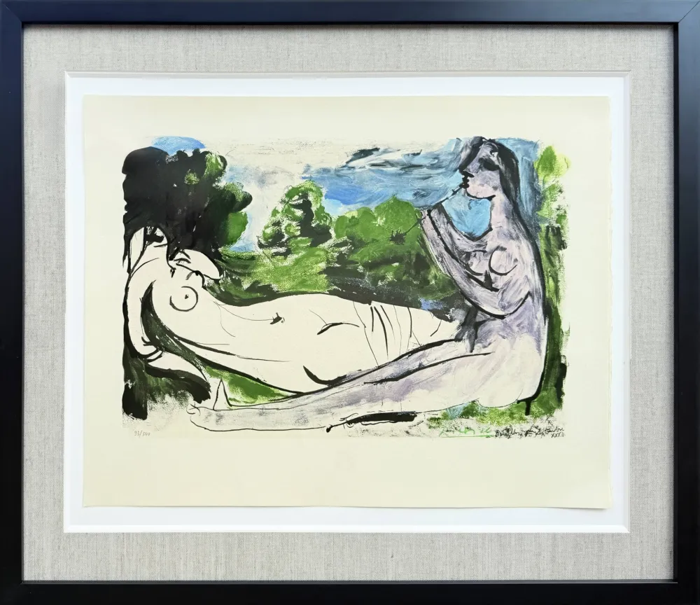リトグラフ Picasso - Femme nue couchée et joueur de flûte