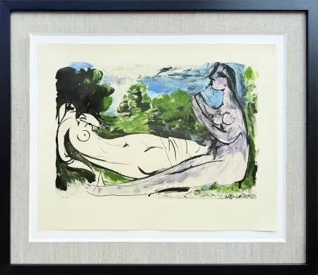 リトグラフ Picasso - Femme nue couchée et joueur de flûte