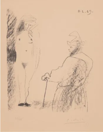 リトグラフ Picasso - Femme Nue et Homme à la Canne