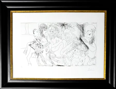 エッチング Picasso - Groupe avec vieillard à la torche sur un âne amoureux, femme et arlequin