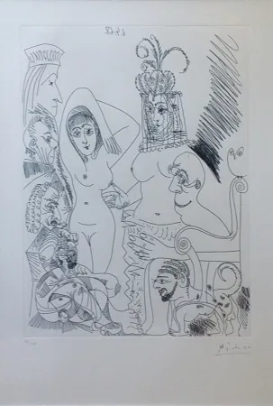 エッチング Picasso - Homme barbu songeant à une scène des Mille et une nuits, avec derrière lui des ancêtres réprobateurs