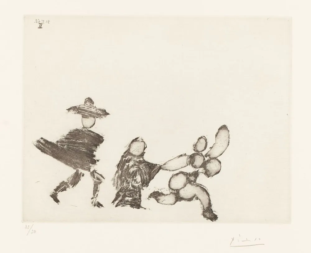 エッチング Picasso - Jeune fille fuyant, avec la célestine et un jeune homme