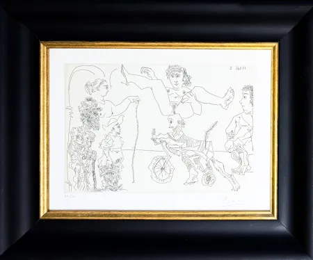 彫版 Picasso -  Le Cocu Magnifique: Femme equilib­riste enlevee par un vieillard barbu a bicyclette devant le cocu et des spectateurs