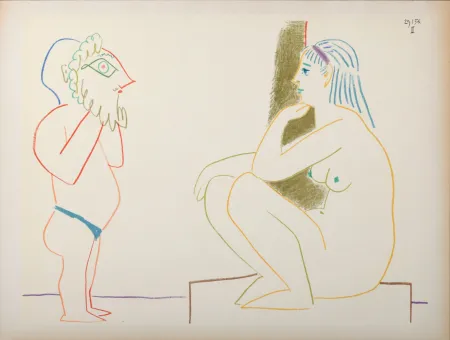 リトグラフ Picasso - Masked & Model, 1954