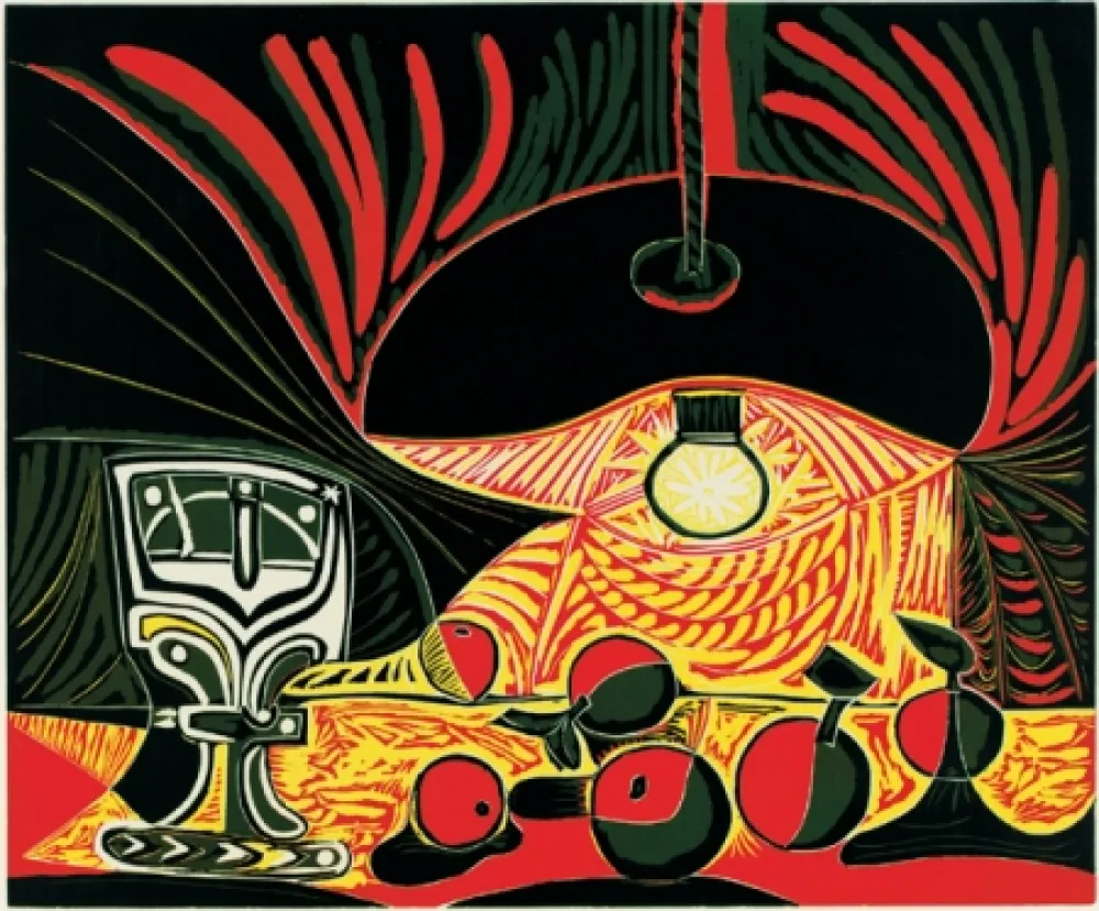リノリウム彫版 Picasso - Nature morte au verre sous la lampe